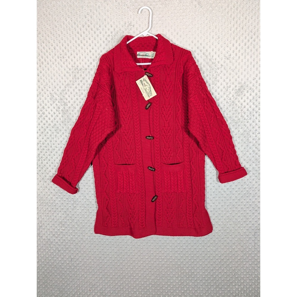 Aran Crafts Coatigan Women's XL 100% Merino Wool Cable Knit Red Long Cardigan